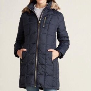 Michael Kors Navy Quilted Long Puffer Coat with Faux Fur Trim